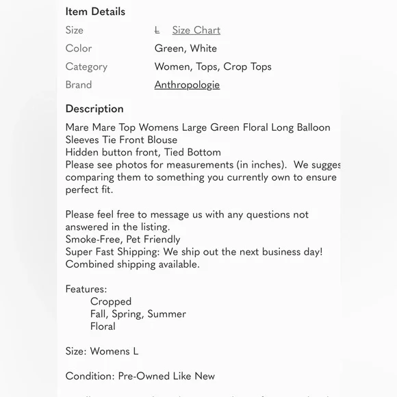 Anthropologie Mare Mare Top Womens L Green Floral Long Balloon Sleeves Tie Front - Picture 12 of 12